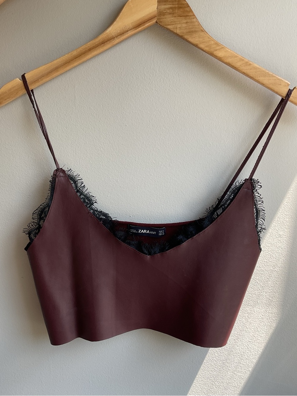 ZARA Burgundy Leather Camisole with Black Lace Trim